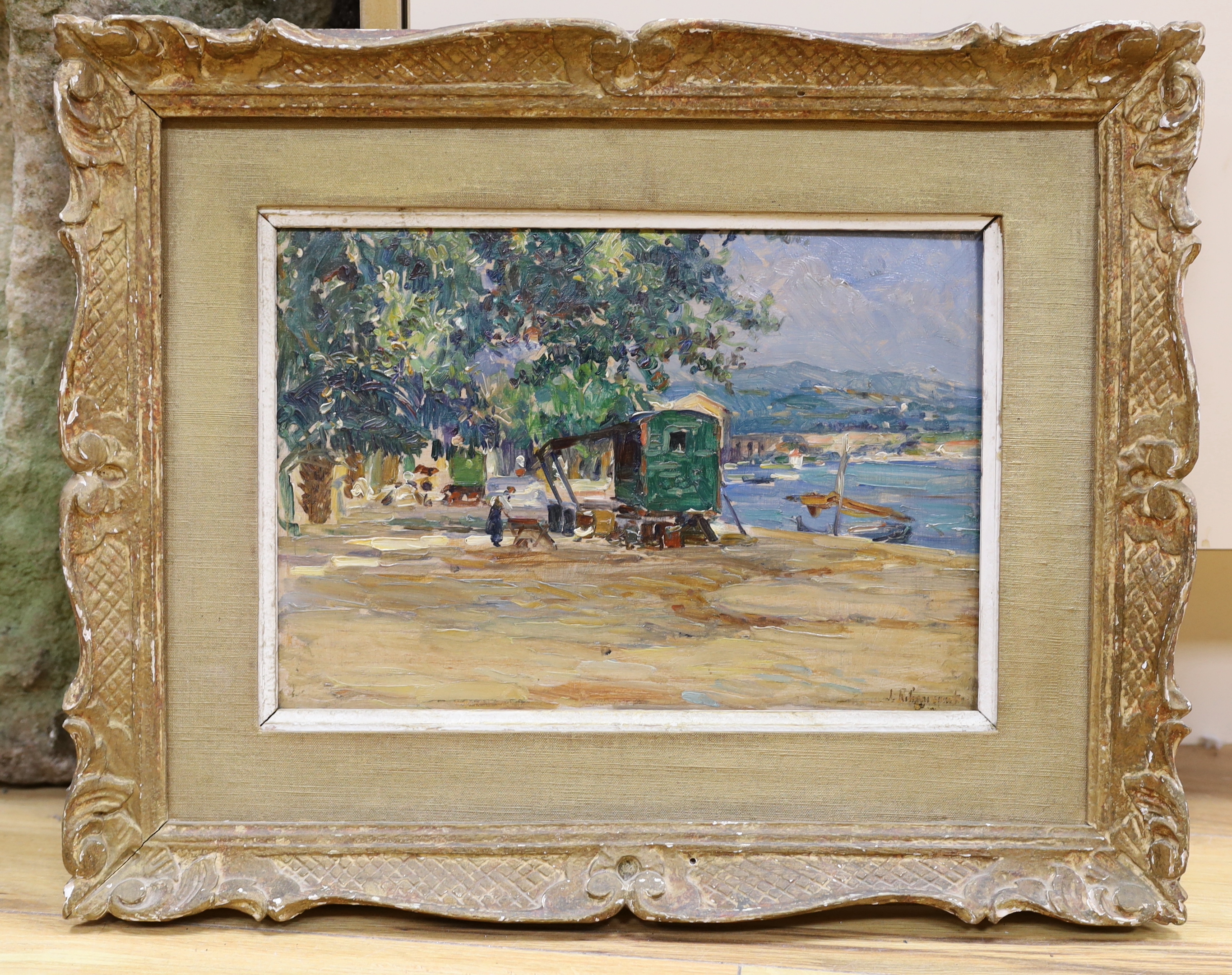 French School c.1900, oil on panel, Coastal view, indistinctly signed, 22 x 32cm